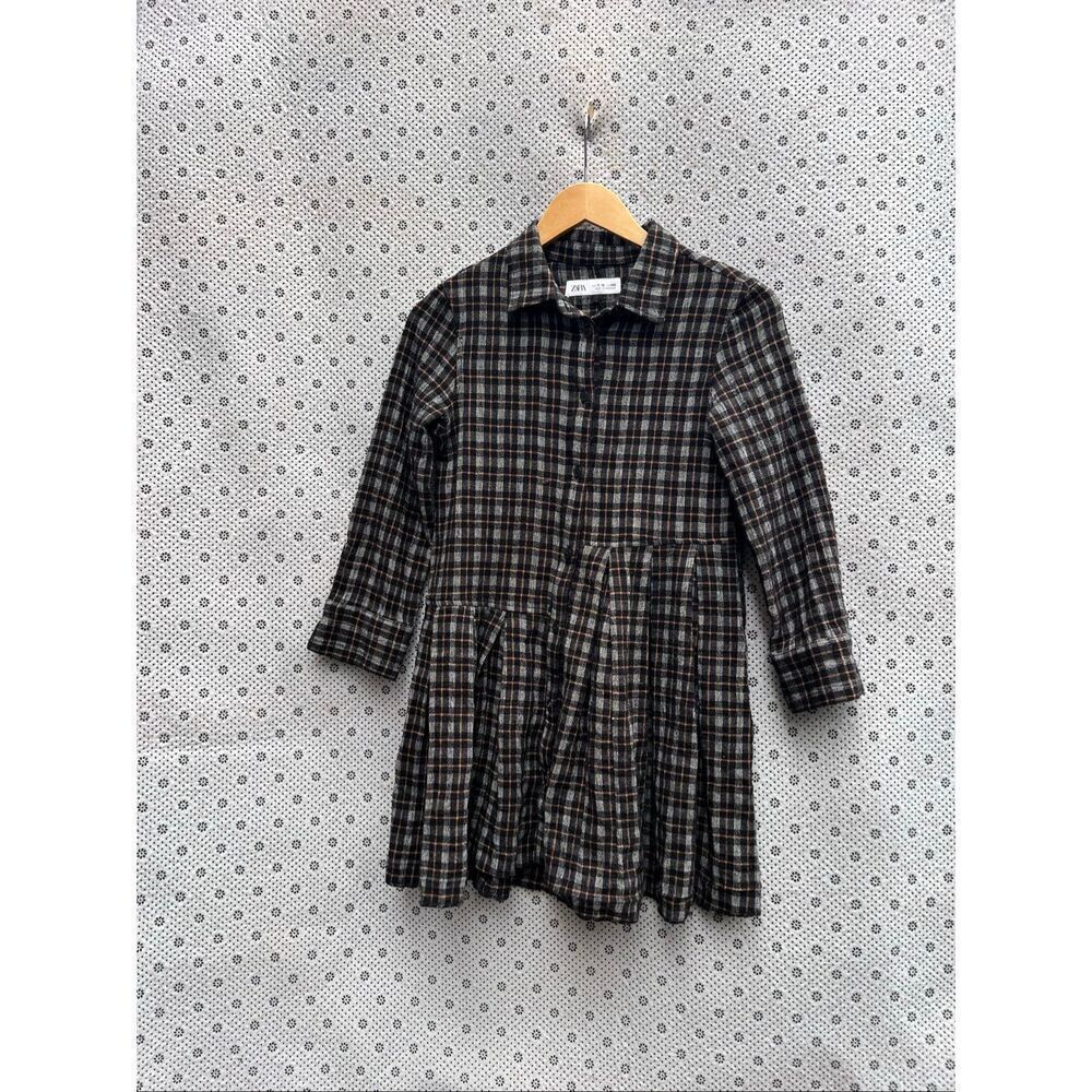 ZARA Girls Long Sleeve Asymmetric Pleated Dress Size 9-10 Black/Brown Plaid